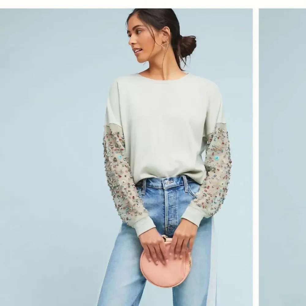 Anthropologie Let Me Be Luckcharm women's blue cotton beaded sweatshirt Size XS - Picture 5 of 12